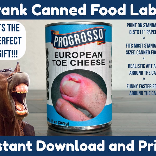 Prank Canned Food Label | Prank Gift | Office Prank | Gag Gift | April Fools | Can of Worms Prank | toe cheese prank, white elephant gift