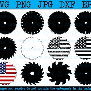 May include: Set of ten black and white saw blade SVG cut files. The saw blades feature a variety of designs, including a solid black saw blade, a saw blade with a distressed American flag design, and a saw blade with a star design.