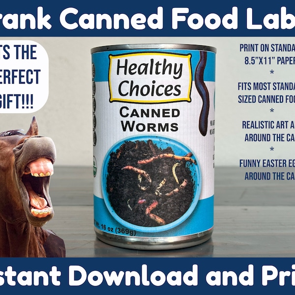 Prank Canned Food Label, Prank Gift, Office Prank, Gag Gift, April Fools, Can of Worms Prank, white elephant gift, secret Santa