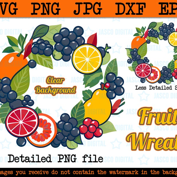 Fruit Wreath SVG, fruit wreath png, summer svg, fruit clipart, lemon slices, invitation art, summer clipart, grapes svg, lemon slice png svg