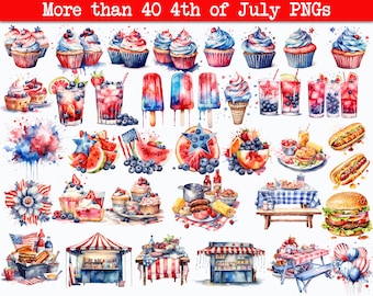 Acuarela 4 de julio Clipart, png digital del 4 de julio, gráficos para descarga instantánea, paquete de imágenes prediseñadas del 4 de julio, comida al aire libre png, barbacoa BBQ