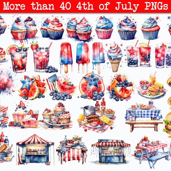 Watercolor 4th of July Clipart, digital 4th of July png, graphics for instant download, July 4th clipart bundle, cookout png, barbecue BBQ