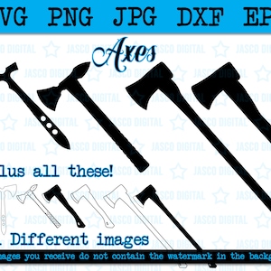 May include: A digital download of 11 different images of axes. The images are black silhouettes on a white background. The text "Axes" is written in a decorative font above the images. The text "Plus all these!" is written below the images. The text "11 Different images" is written below the text "Plus all these!" The text "The images you receive do not contain the watermark in the background" is written below the text "11 Different images".