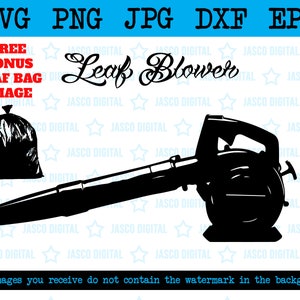 Może przedstawiać: Czarno-biała sylwetka dmuchawy do liści z dużym, okrągłym wentylatorem. Dmuchawa znajduje się na płaskiej powierzchni. Tekst "Leaf Blower" jest napisany stylizowanym fontem nad dmuchawą.
