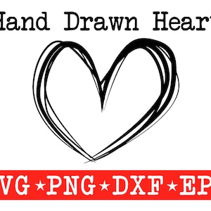 May include: A black and white hand-drawn heart shape. The text "Hand Drawn Heart" is above the heart. The text "SVG * PNG * DXF * EPS" is below the heart.