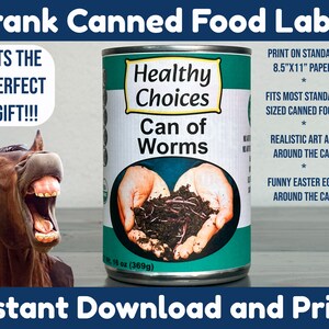 Prank Canned Food Label, Prank Gift, Office Prank, Gag Gift, April Fools, Can of Worms Prank, white elephant gift, secret Santa Dirty Santa
