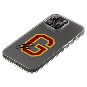 May include: A clear phone case with a grey background and a red and yellow letter "G" with claw marks behind it.