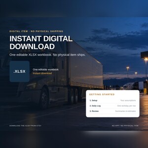 Puede incluir: Un gráfico de descarga digital que muestra un camión semirremolque al atardecer. El texto incluye: INSTANT DIGITAL DOWNLOAD, One editable XLSX workbook, y un cuadro GETTING STARTED que enumera 1. Setup, 2. Daily Log y 3. Review.