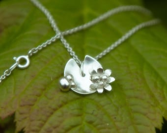 Fairytale inspired dainty and romantic Lily Pad necklace pendant &quot;Näckros&quot; (water lily), handmade from sterling silver
