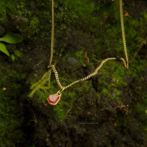 May include: A gold chain necklace with a small, red gemstone pendant. The necklace is hanging on a mossy green surface.
