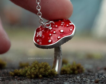 Fairytale Toadstool Mushroom necklace pendant "Flugsvamp", handmade from 925 silver