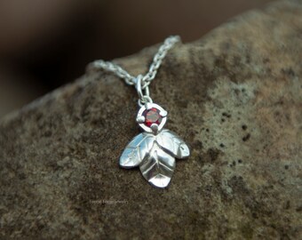 Handmade Sterling Silver Wild Strawberry Necklace, Garnet Pendant, Cottagecore Jewelry