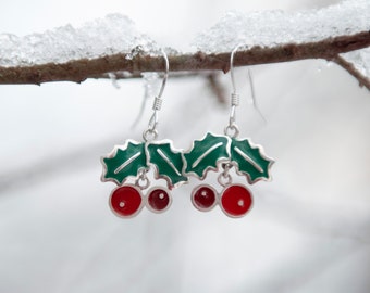 Adorable christmas Blueberry Lingonberry Holly Rowan autumnal nature earrings "Höstens Bär" , handmade from sterling silver