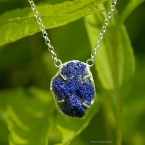 Mystifying raw Azurite cluster necklace &quot;Himlavalv&quot;, handmade from 925 sterling silver