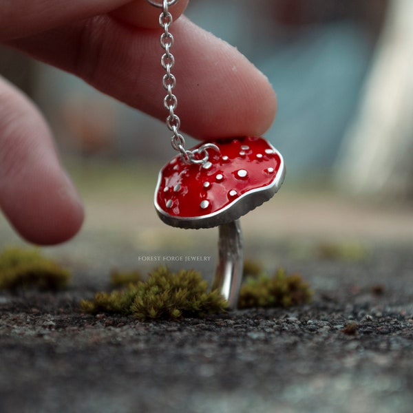 Fairytale Toadstool Mushroom necklace pendant "Flugsvamp", handmade from 925 silver