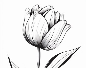 Op de afbeelding: Een zwart-witte lijntekening van een enkele tulp met een gesloten knop en lange, slanke bladeren.