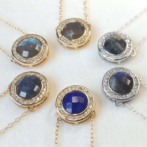 Bezel Gemstone Pendant Necklace with Cubic Zirconia Halo - Gold & Silver Tones - MULTIPLE STYLES AVAILABLE!
