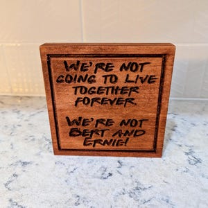 Può includere: Un blocco di legno marrone con la scritta incisa: "WE'RE NOT GOING TO LIVE TOGETHER FOREVER. WE'RE NOT BERT AND ERNIE!". Il blocco ha un bordo incorniciato attorno al testo.