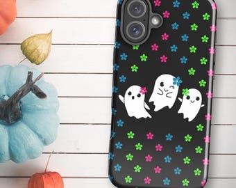 Floral Ghost iPhone Case, Cute Dancing Trio, Protective Dual-Layer