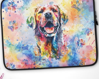 Labrador Watercolor Laptop Sleeve, Vibrant Dog Tech Accessory, Paw Prints Splash Design