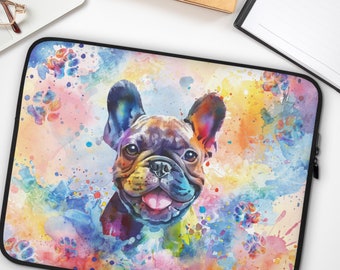 French Bulldog Watercolor Laptop Sleeve, Vibrant Dog Tech Accessory, Paw Prints Splash Design