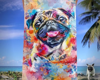 Pug Watercolor Beach Towel, Colorful Dog Lover Gift
