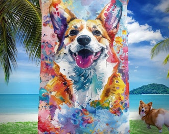 Corgi Beach Towel, Watercolor Art, Dog Beach Accessory