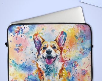 Corgi Watercolor Laptop Sleeve, Vibrant Dog Tech Accessory, Paw Prints Splash Design