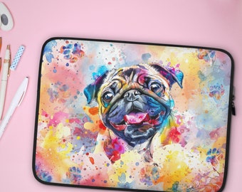 Pug Watercolor Laptop Sleeve, Vibrant Dog Tech Accessory, Paw Prints Splash Design