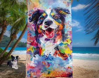 Border Collie Watercolor Beach Towel, Colorful Dog Art