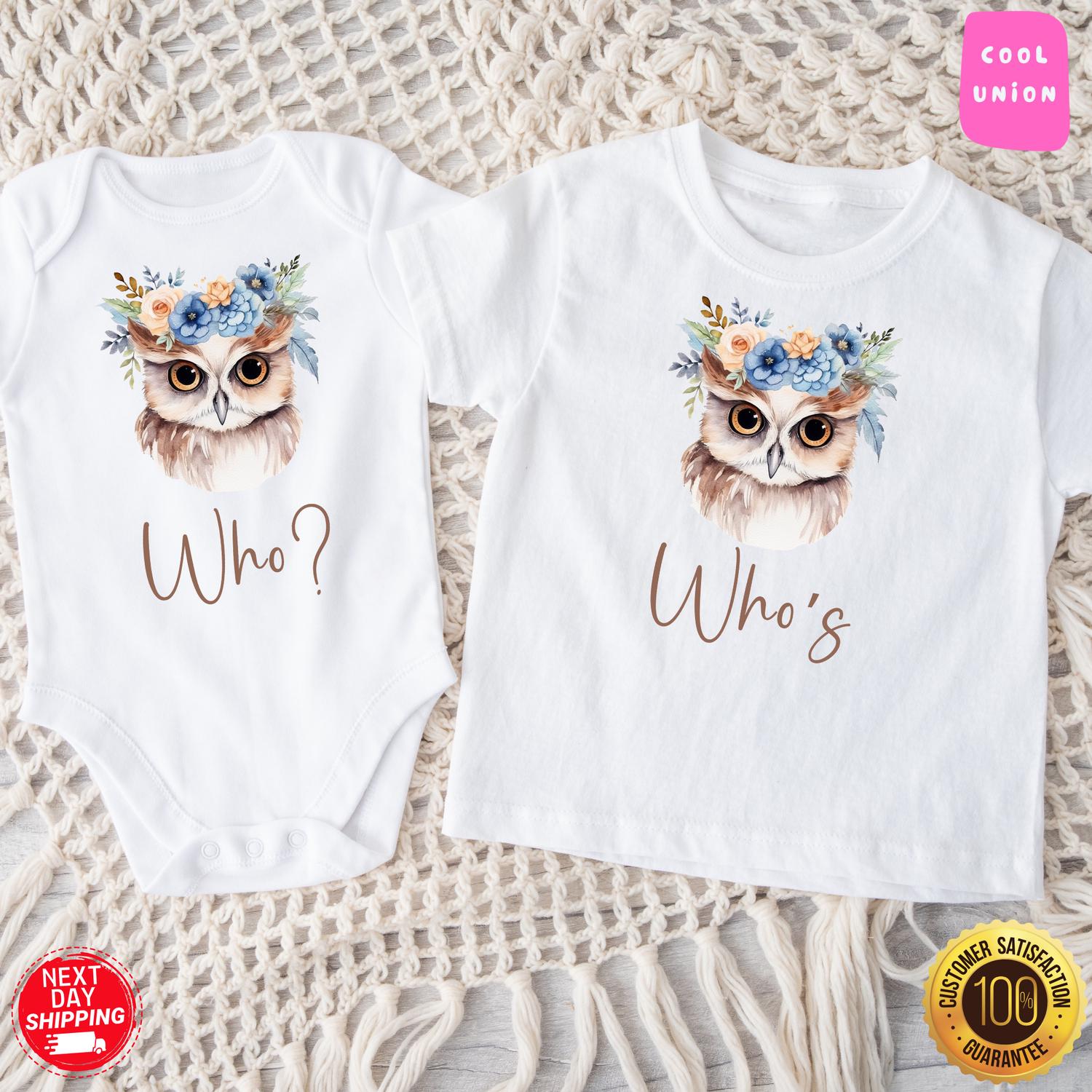 Twin Bodysuits® ,Who's- Who Twin Bodysuits® , Funny Owl Twin Shirts, Cute Best Friend Twin Baby Bodysuits®