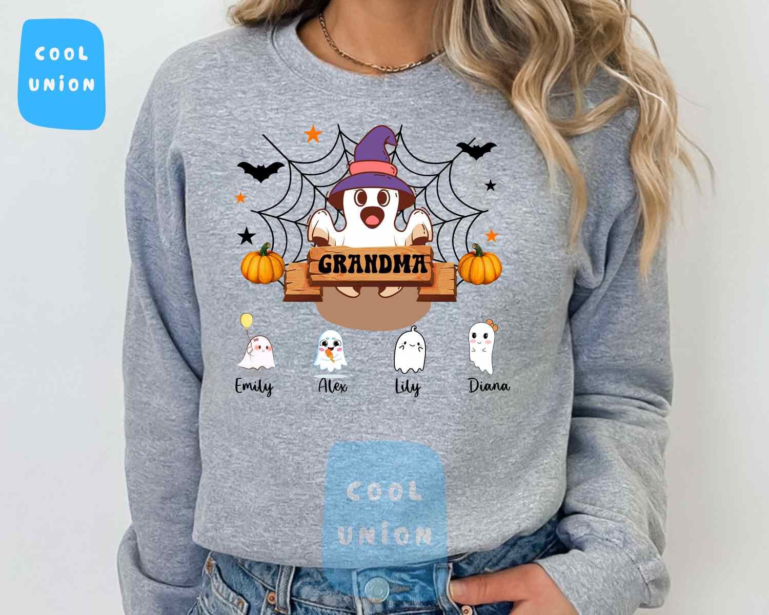 Discover Grandma Halloween Sweatshirt, Custom Grandkids Name Halloween Sweatshirt, Cute Ghost Sweatshirt, Personalized Family Ghost Sweatshirt