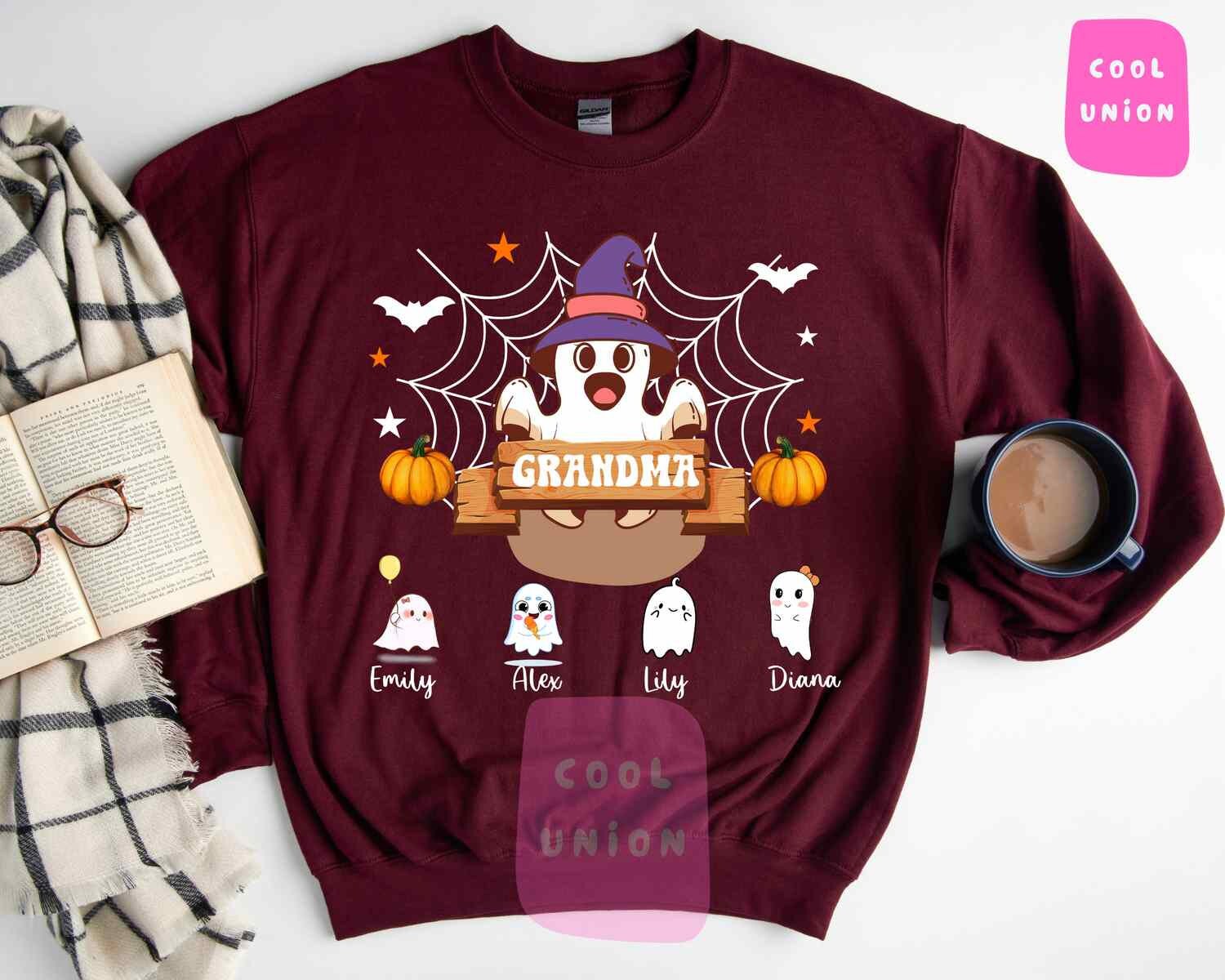 Discover Grandma Halloween Sweatshirt, Custom Grandkids Name Halloween Sweatshirt, Cute Ghost Sweatshirt, Personalized Family Ghost Sweatshirt