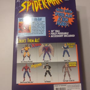 May include: A box for a 10-inch tall, fully poseable Spider-Man action figure. The box features a red and blue Spider-Man character on the front and a collection of other Marvel characters on the back, including Wolverine, Archangel, Johnny Storm, and Iron Man. The box also includes the text "Deluxe Edition Spider-Man Action Figures!" and "Collect Them All!"