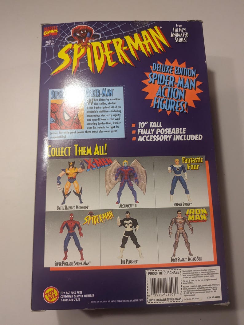 May include: A box for a 10-inch tall, fully poseable Spider-Man action figure. The box features a red and blue Spider-Man character on the front and a collection of other Marvel characters on the back, including Wolverine, Archangel, Johnny Storm, and Iron Man. The box also includes the text "Deluxe Edition Spider-Man Action Figures!" and "Collect Them All!"