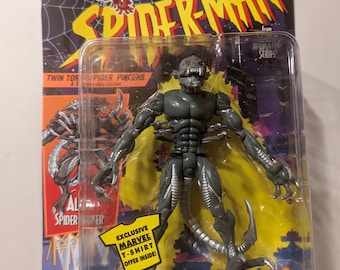 MOC Alien Spider Slayer action figure. 90s Toy Biz sealed Spiderman Animated Series Toy. Twin torso spider pinchers and snarling jaw action.