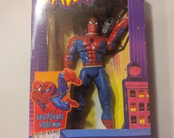 NIB Super Poseable Spider-Man action figure. Spider-Man animated series toy biz vintage 90s toy.