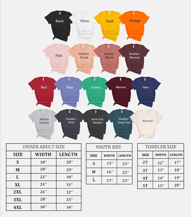 May include: A variety of t-shirts in various colors, including black, white, and red, are displayed. The image also includes a size chart for unisex adult, youth, and toddler sizes, with measurements in inches.