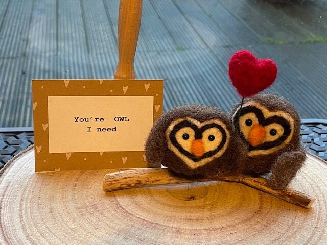 Valentines day gift felted owls, owls with heart, felt owl, handmade owls, felt owl figurine, felt a