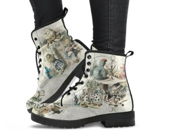 Alice in Wonderland, canvas women's combat boots, custom sneakers, Ankle cool shoes