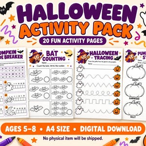 Könnte beinhalten: Ein Halloween-Aktivitätspaket mit 20 unterhaltsamen Arbeitsblättern für Kinder von 5 bis 8 Jahren. Das Set enthält Übungen wie Pumpkin Code Breaker, Bat Counting, Halloween Tracing und Pumpkin Face Studio, verziert mit Kürbissen, Geistern und Fledermäusen.