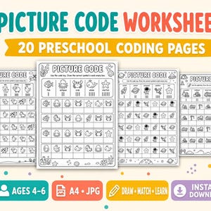 Puede incluir: Un conjunto de 20 hojas de trabajo de codificación por imágenes para niños en edad preescolar. Las páginas presentan cuadrículas de arte lineal en blanco y negro con temas que incluyen animales de granja, criaturas marinas y vehículos.