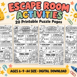 Kids Escape Room Worksheets 20 A4 Math & Code Puzzles, Ages 6–9