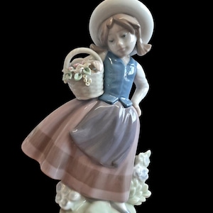 Vintage Lladro Porcelain Figurine Sweet Scent #5221 Girl with Basket of Flowers