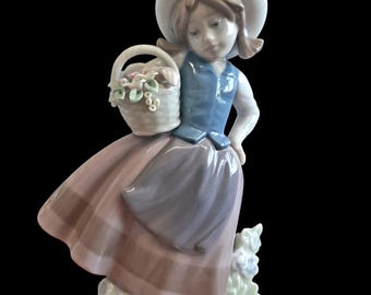 Vintage Lladro Porcelain Figurine Sweet Scent #5221 Girl with Basket of Flowers