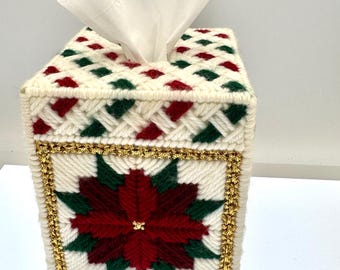 Plastic Canvas Tissue Box Cover Handmade Poinsettia Christmas Decor Vintage 1990s