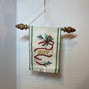 Joy Banner Cross Stitch with Wooden Holder and Ribbon