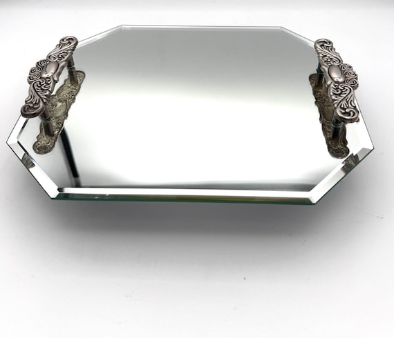 silver dresser tray Vintage Godinger Mirror Tray Silver Plated Handles Octagon Vanity Dresser  Tray 11x9