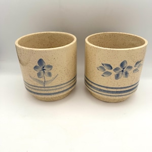 May include: Two beige ceramic planters with blue floral designs. Each planter has a speckled finish and blue horizontal stripes near the base. One planter features a single flower, the other has a cluster of leaves.
