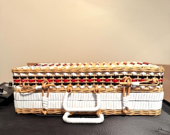 Vintage Mid Century Woven Picnic Basket Red Black White Wicker Case